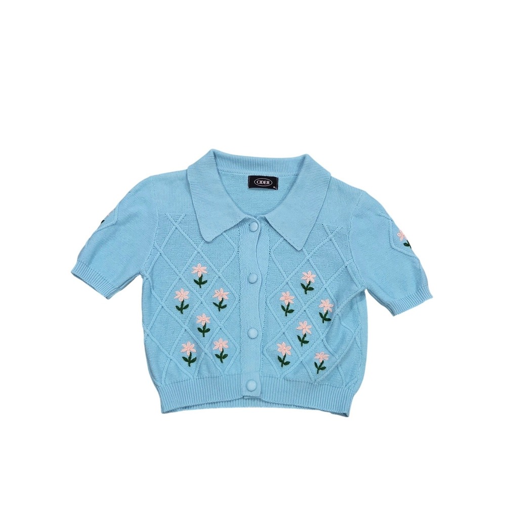 Cider Blue Floral Embroidered Short Sleeve Knit Cropped Cardigan Polo Top XL - Picture 2 of 4